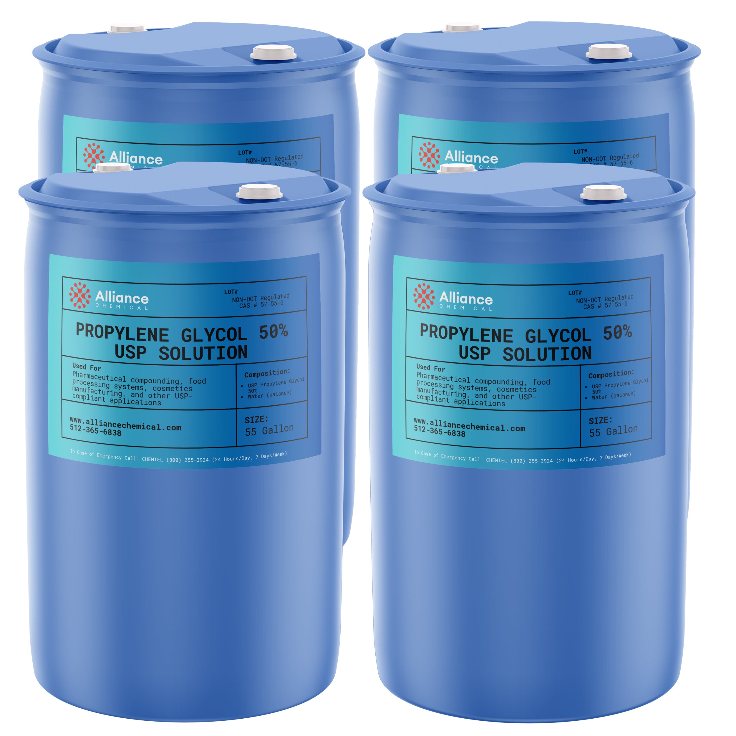 Alliance Chemical propylene glycol 50% in blue 55-gallon steel drum with USP solution label
